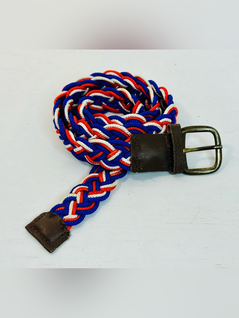 Florida Gator Braided Cord Belt, Orange, Blue White, Leather Trim, 40”